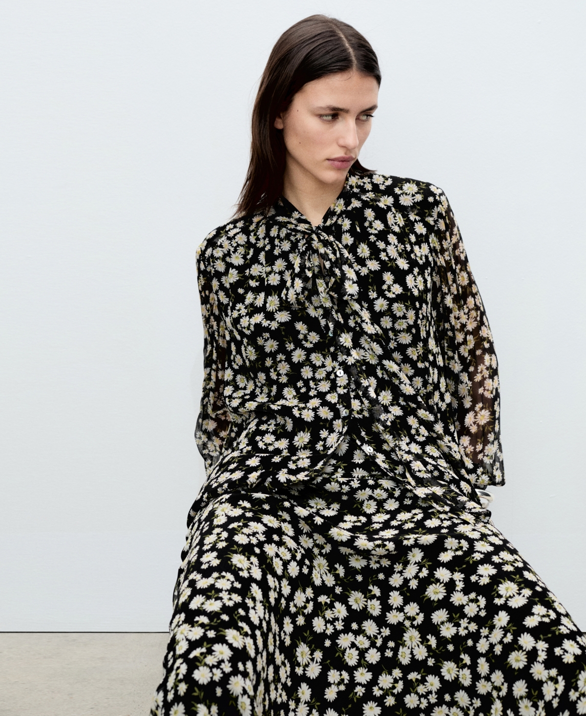 Mango Floral Tie Blouse Black In Black