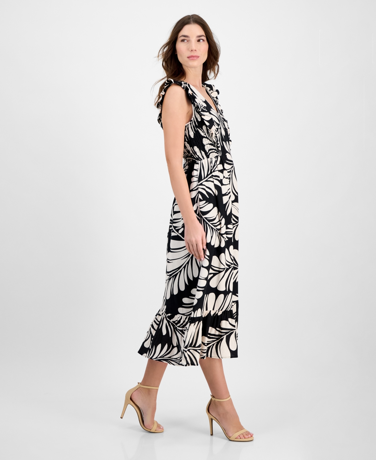 Anne Klein Plus Size Printed V-neck Ruffled Midi Dress In Black