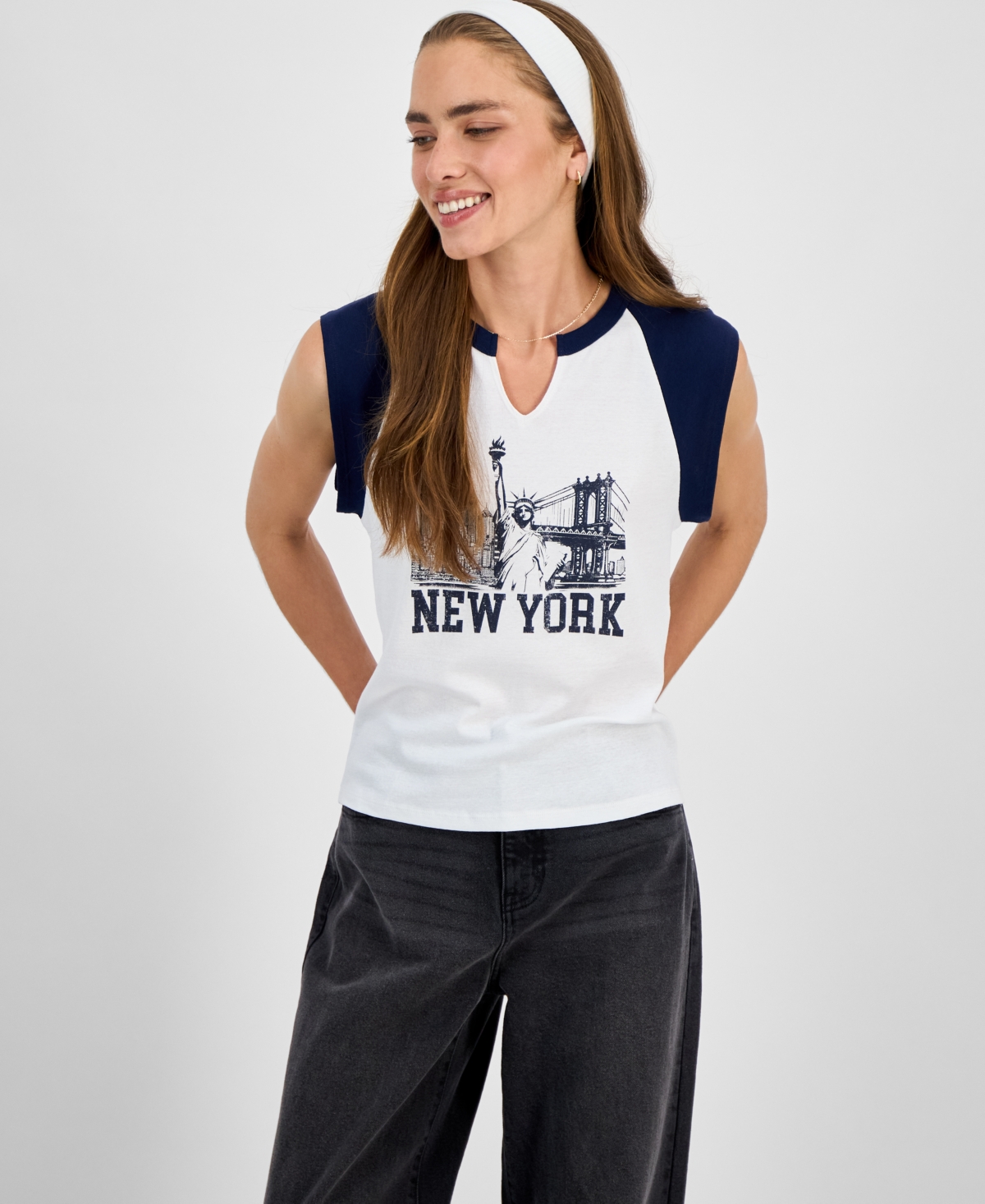 Juniors' Nyc Raglan-Sleeve Graphic T-Shirt - White/Navy