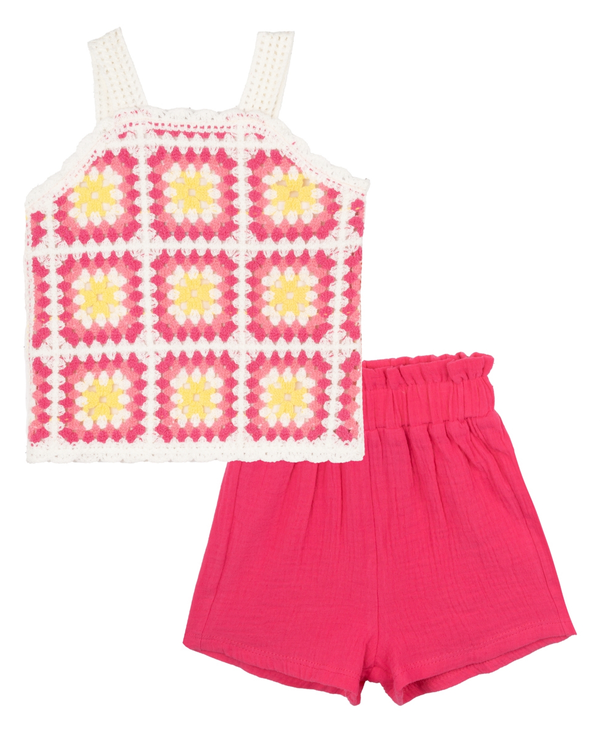Rare Editions Baby Girls 2-piece Granny Square Crochet And Short Set In Pink