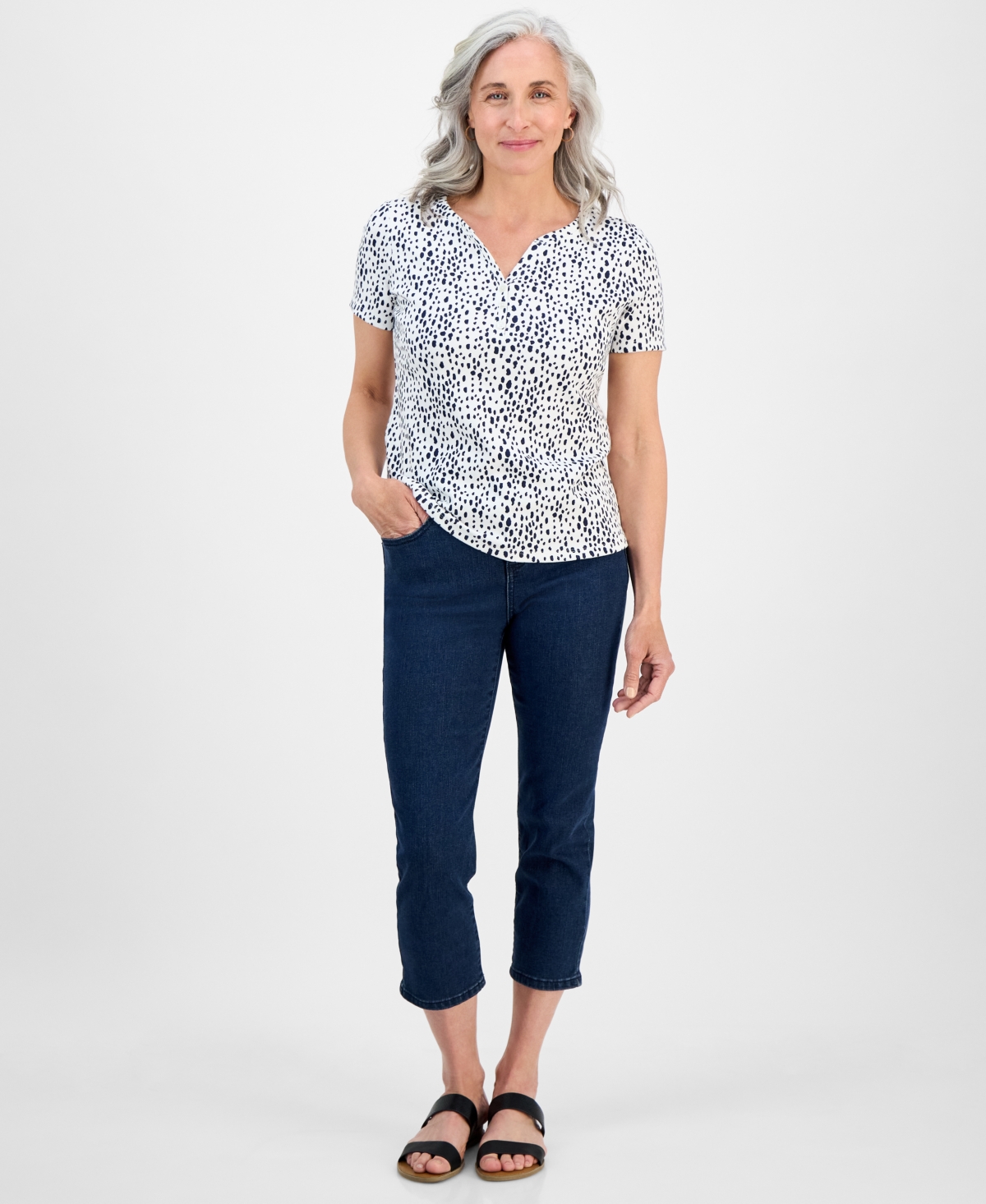 Style & Co Petite Spring Spots Short-sleeve Knit Henley, Exclusively At Macy's