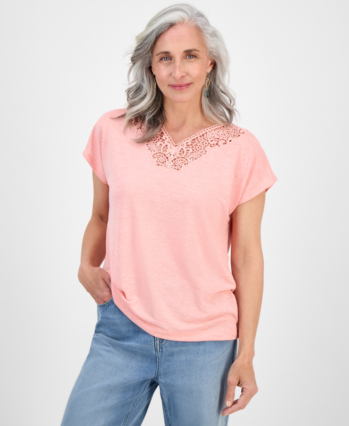 Petite Lace-Trim Cap-Sleeve Top, Exclusively at Macy's - Blushing