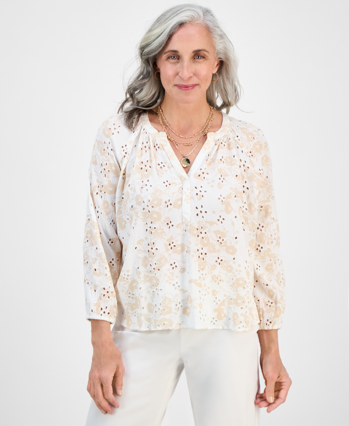 Petite Morning Glories Contrast-Stitched Blouse, Exclusively at Macy's - Glories Brt Wht