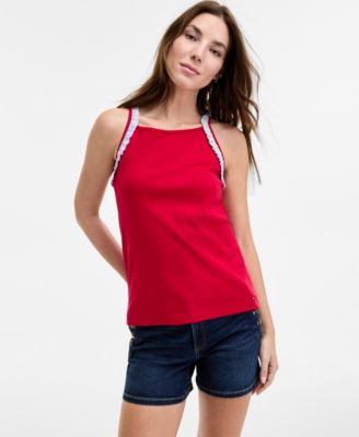 Tommy Hilfiger - Women's High-Neck Ruffle-Trim Cotton Tank Top