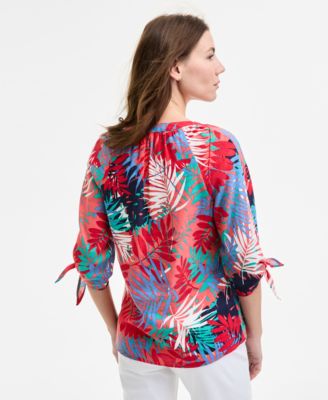 Women's V-Neck Elbow Raglan-Sleeve Printed Blouse