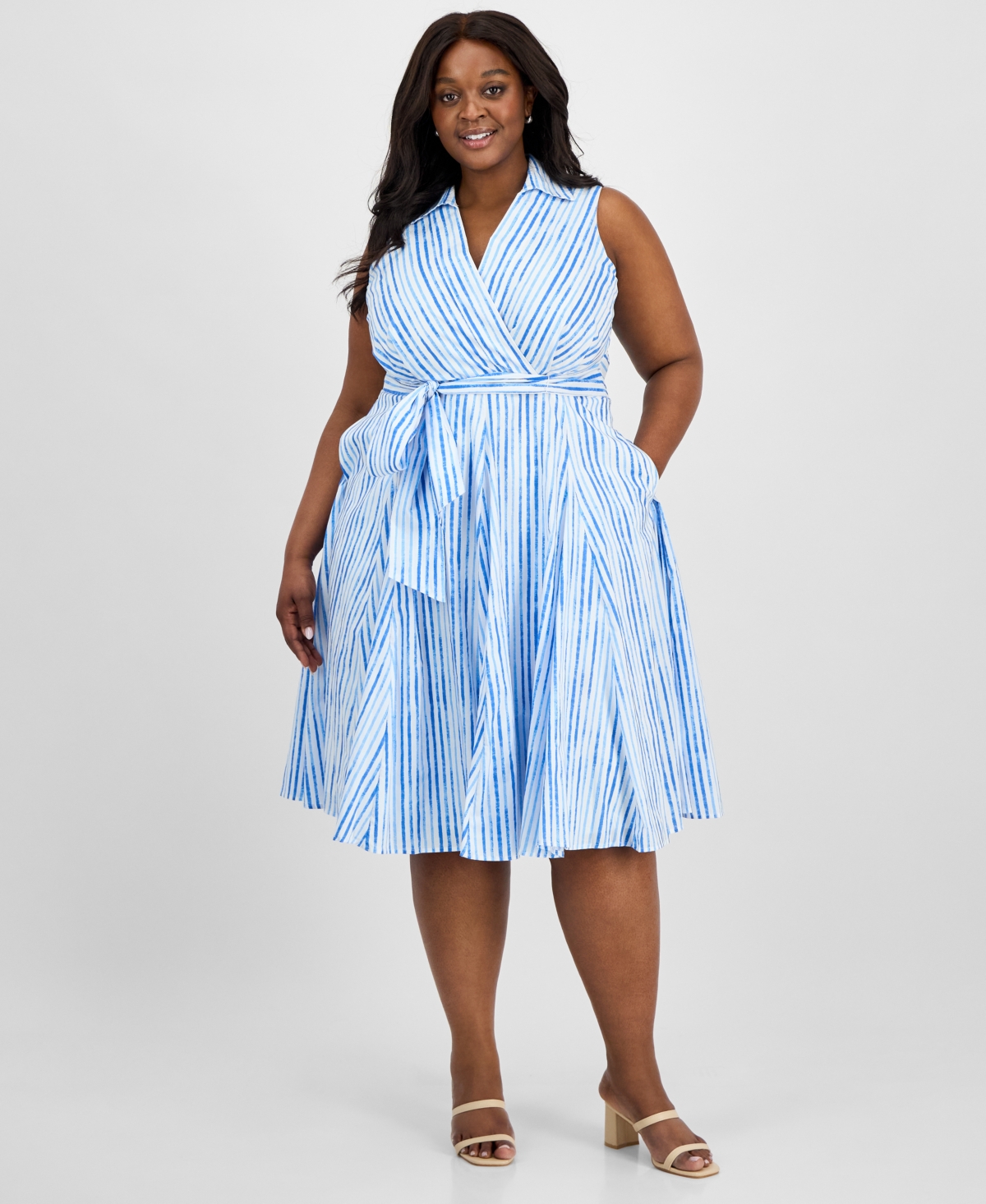 Tahari Asl Plus Size Cotton Striped Faux-wrap Shirtdress In Blue