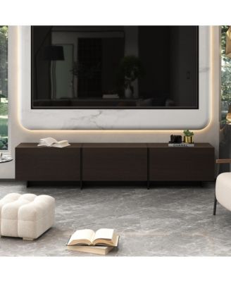 Flip-down 3-door TV stand, black wood media console, multi-purpose entertainment center