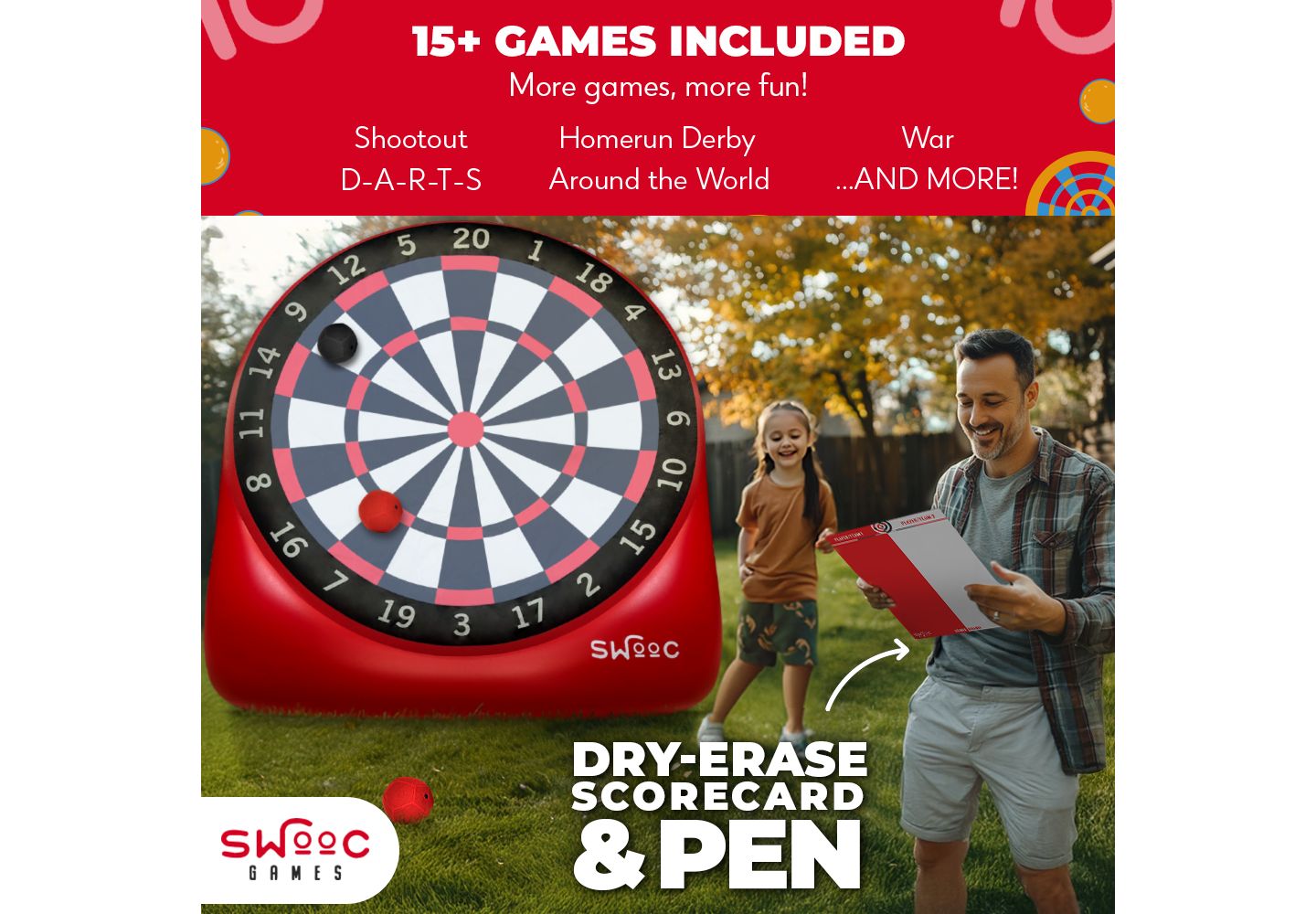 Детские игрушки SWOOC XL Giant Kick Darts (Over 8ft Tall) with 15+ Games Included - Jumbo Soccer Darts w/ Air Pump - Big Inflatable Games — фото 4