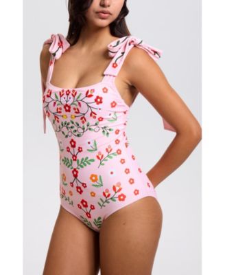 Women's Pink Floral Harmony Embroidered Swimsuit