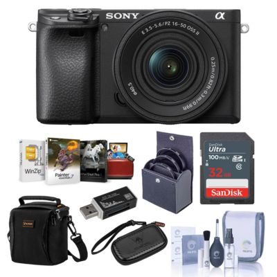 Sony Alpha a6400 Mirrorless Digital Camera with 16-50mm Lens - Bundle with Shoulder Bag, 32GB SD Card, Cleaning Kit, Card Reader, SD Card Case,