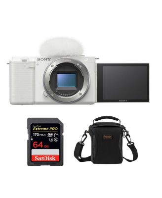 Sony ZV-E10 APS-C Mirrorless Interchangeable Lens Vlogging Camera, White - Bundle with PRO 64GB UHS-I U3 SDXC Memory Card, 120 Multi-Device