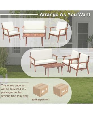 4 PCS Patio Conversation Set Acacia Wood Sofa Coffee Table with Cushioned Seat