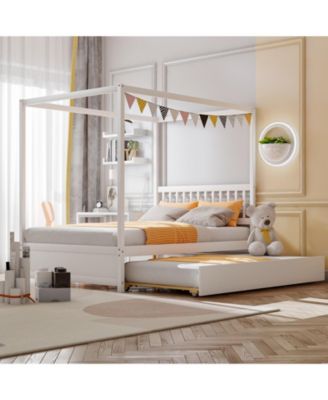 Full Size Canopy Bed with Trundle Wooden Platform Bed Frame Headboard