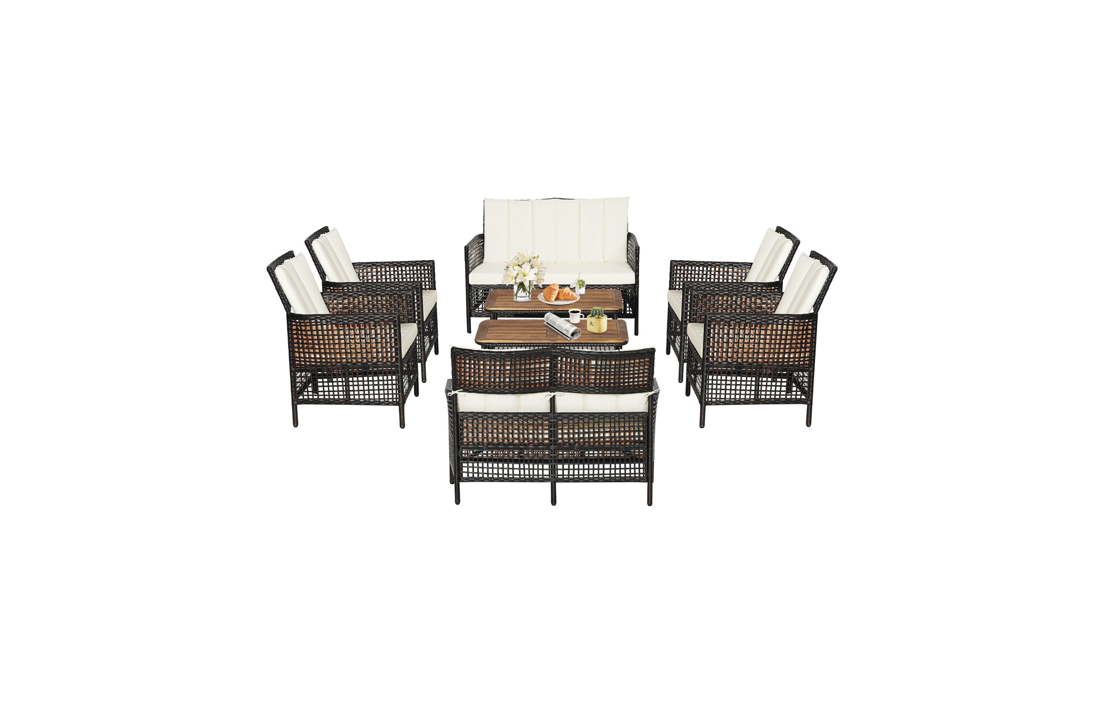 Gymax 8 Piece Patio Pe Wicker Conversation Furniture Set w/ Acacia Wood Tabletop & Cushions