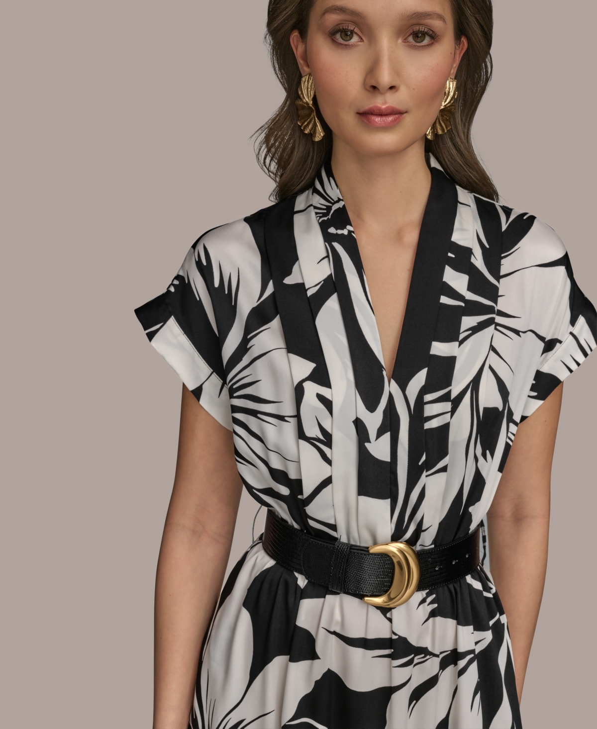 Donna Karan Plus Size Printed Belted A-line Dress In Black Pristine