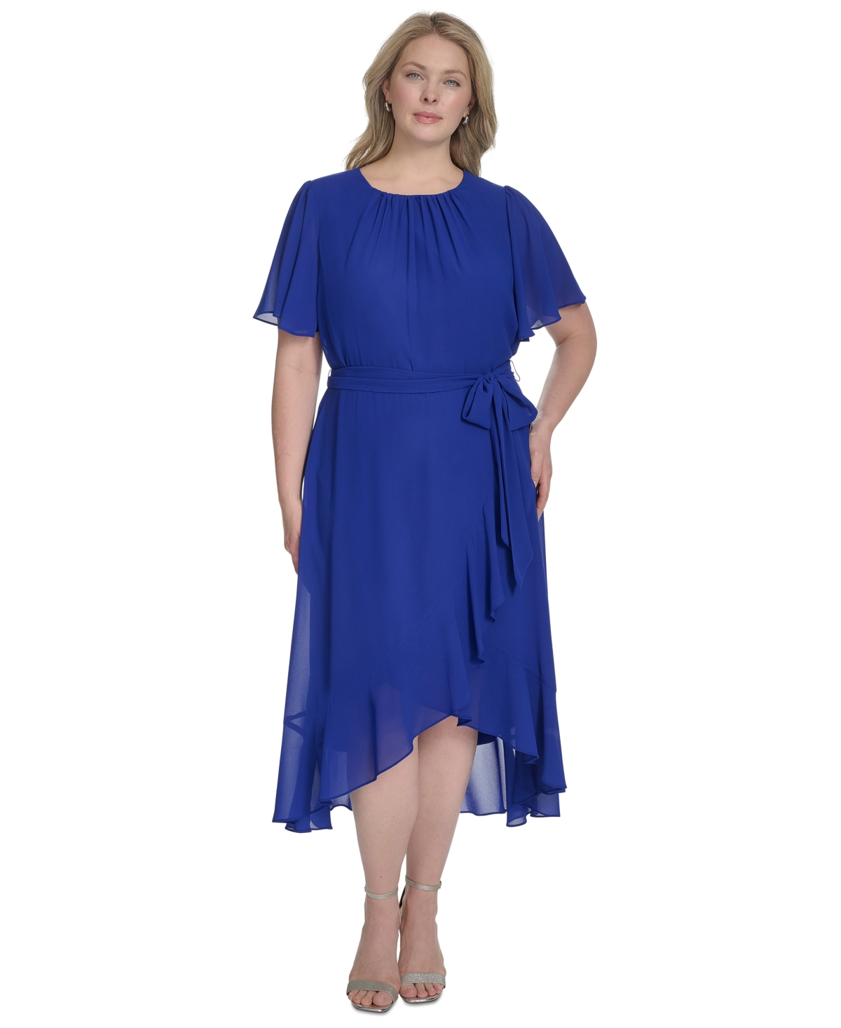 Plus Size Chiffon Tie-Waist Ruffle-Trim Midi Dress - Cobalt