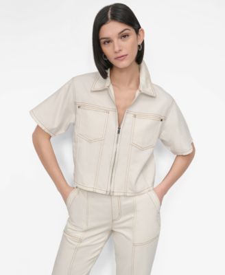 DKNY - Women's Contrast-Stitched Denim Zip-Front Jacket