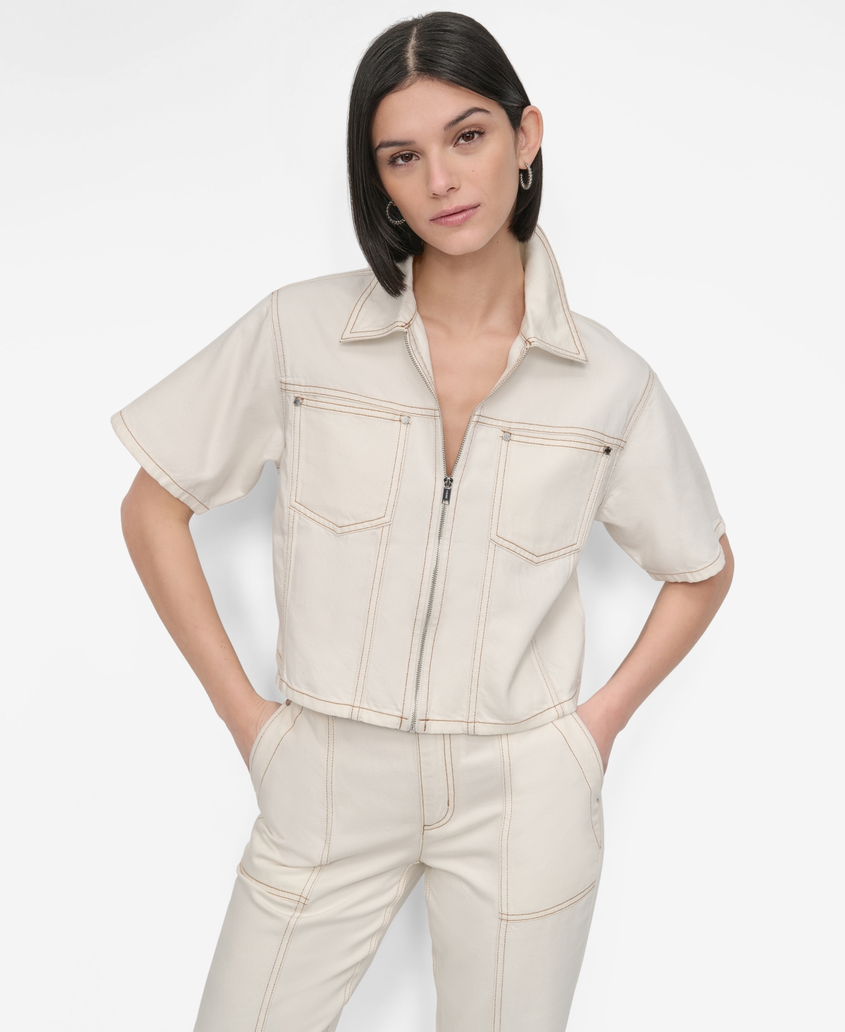 Women's Contrast-Stitched Denim Zip-Front Jacket - Ecru