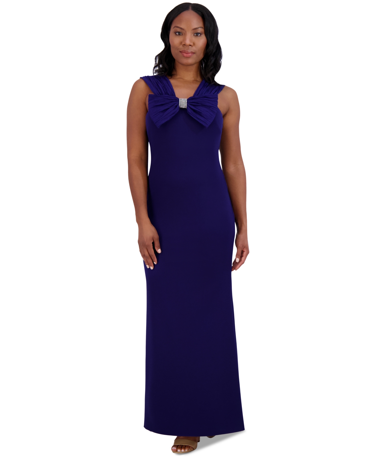 Women's V-Neck Sleeveless Bow-Trim Gown - Indigo