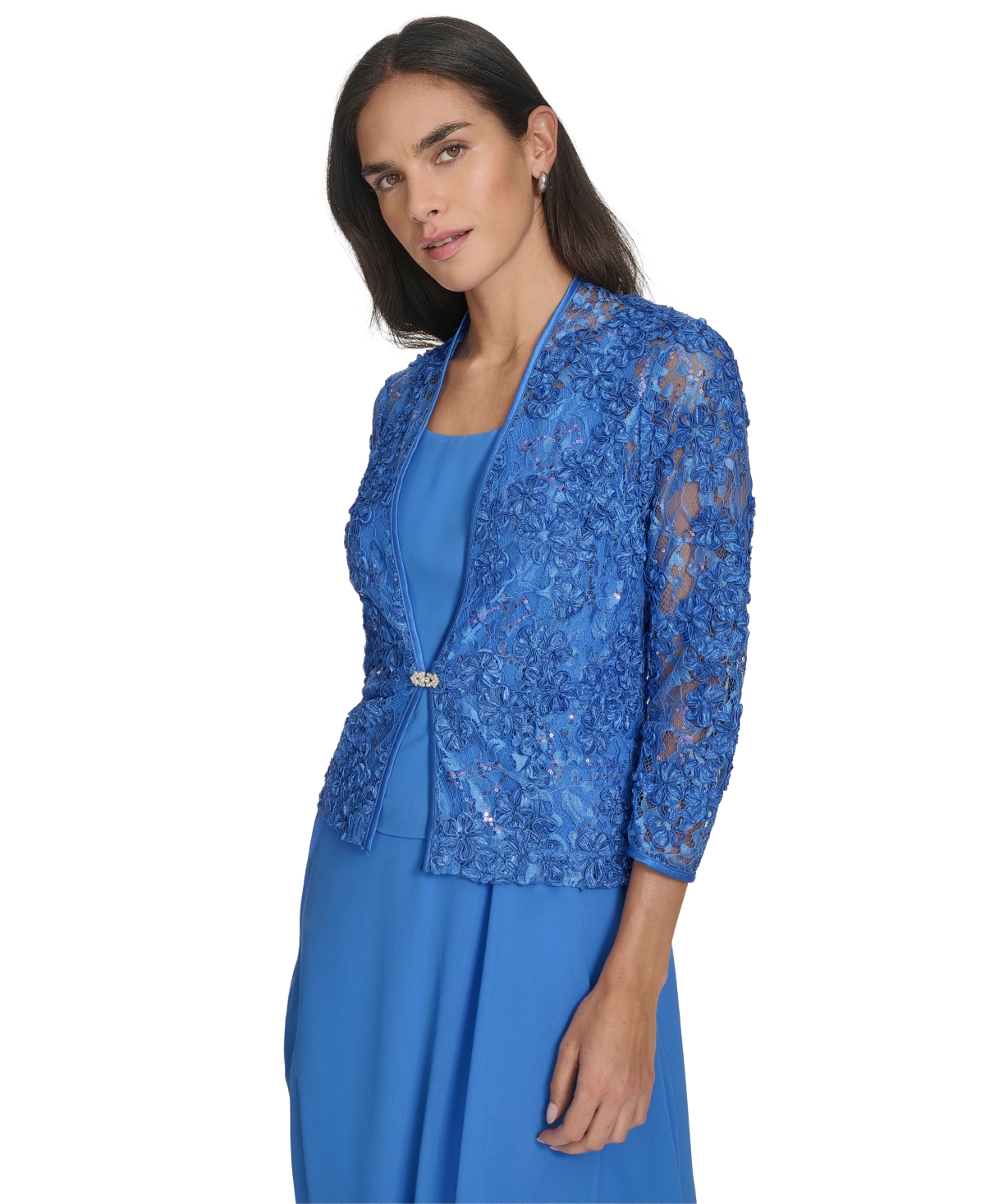 Jessica Howard Women's 2.pc Jewel-neck Midi Dress & Lace 3/4-sleeve Jacket In Blue
