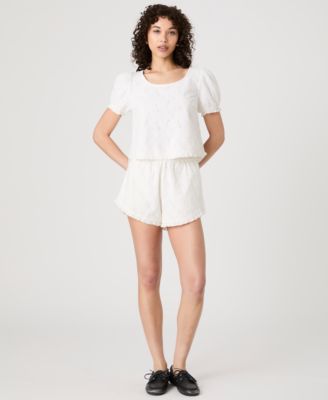 Womens Eyelet Puff Sleeve Top Eyelet Ruffle Hem Shorts