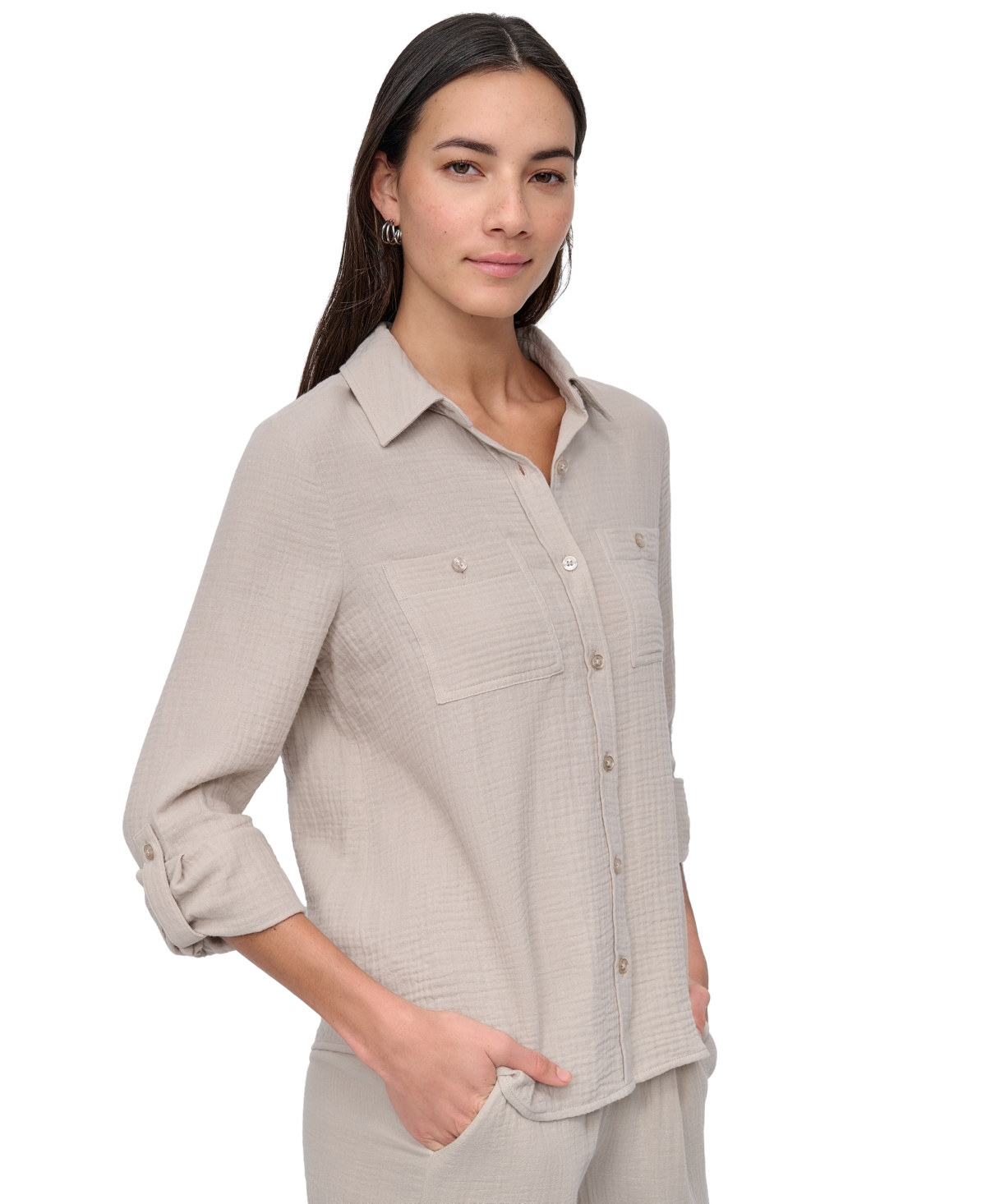 Dkny Jeans Petite Cotton Roll-tab Shirt In Pebble