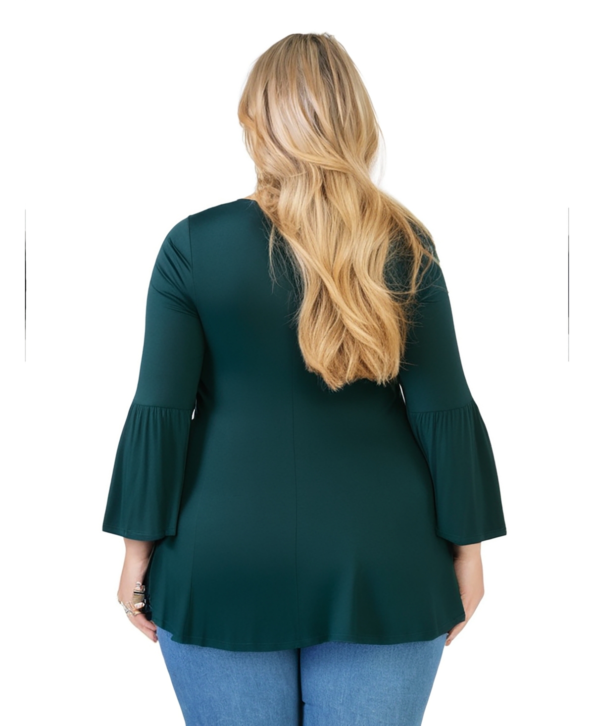 24SEVEN COMFORT APPAREL PLUS SIZE LONG BELL SLEEVE FLARED TUNIC TOP 
