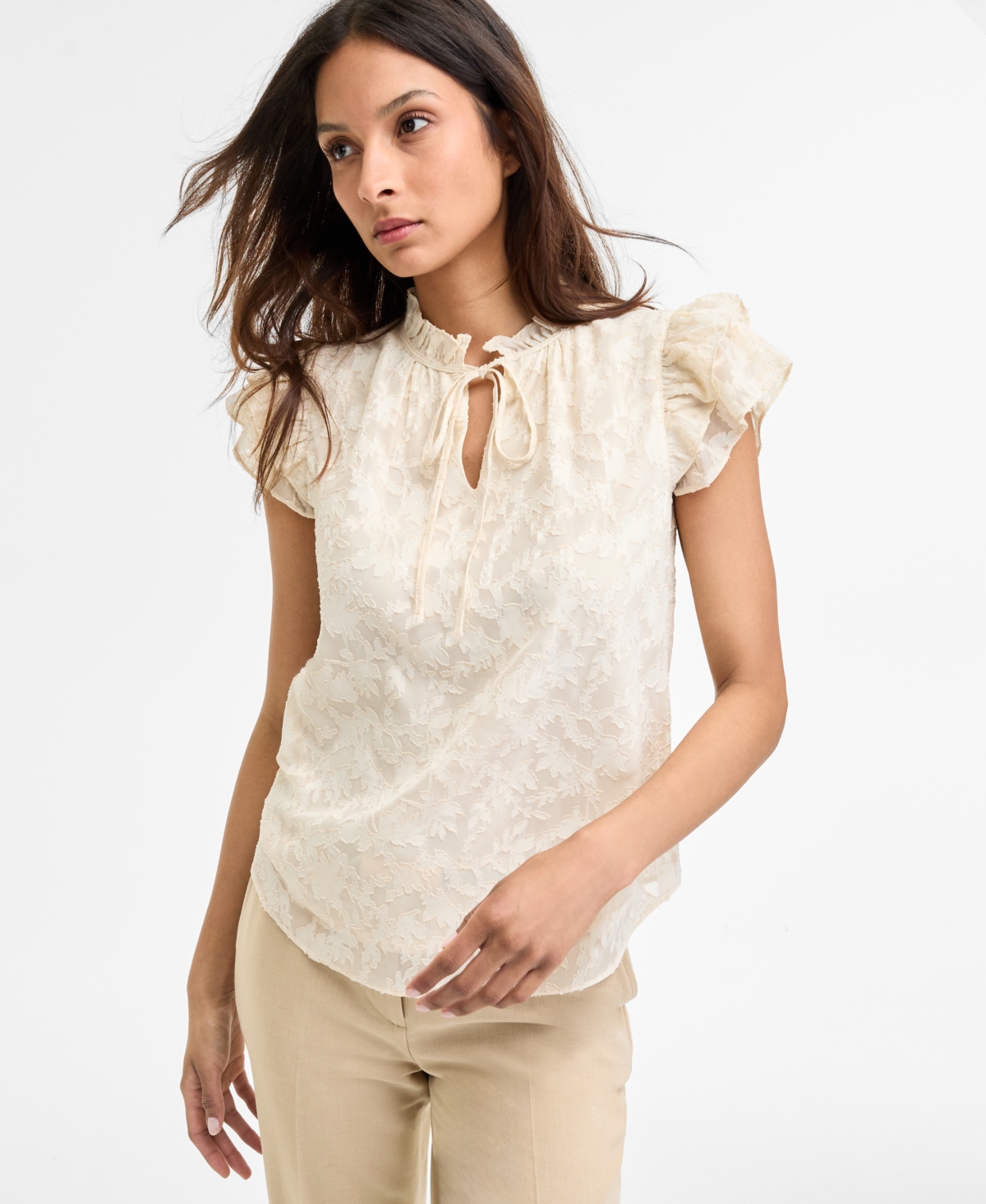 Anne Klein Women's Flutter-sleeve Tie-neck Blouse