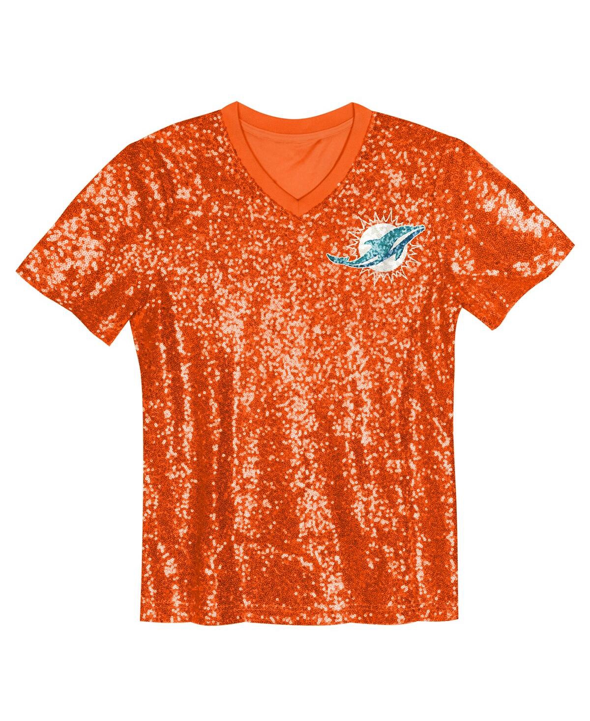 Outerstuff Big Girls Orange Miami Dolphins Wordmark Sequin V-neck Top In Orange