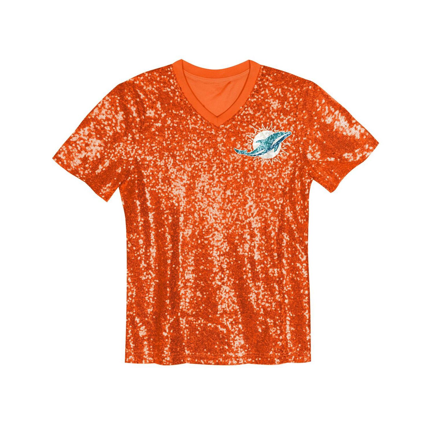 Big Girls Orange Miami Dolphins Wordmark Sequin V-Neck Top