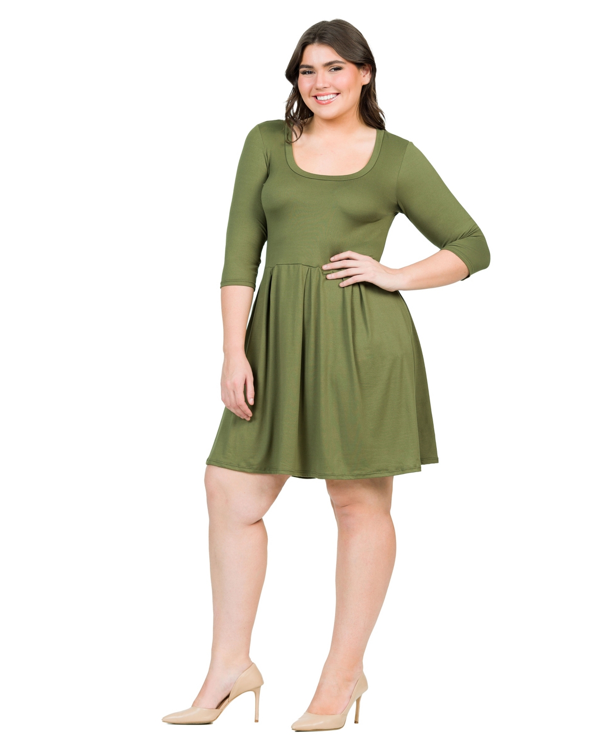 24seven Comfort Apparel Plus Size Fit And Flare Elbow Sleeves Dress In Olive