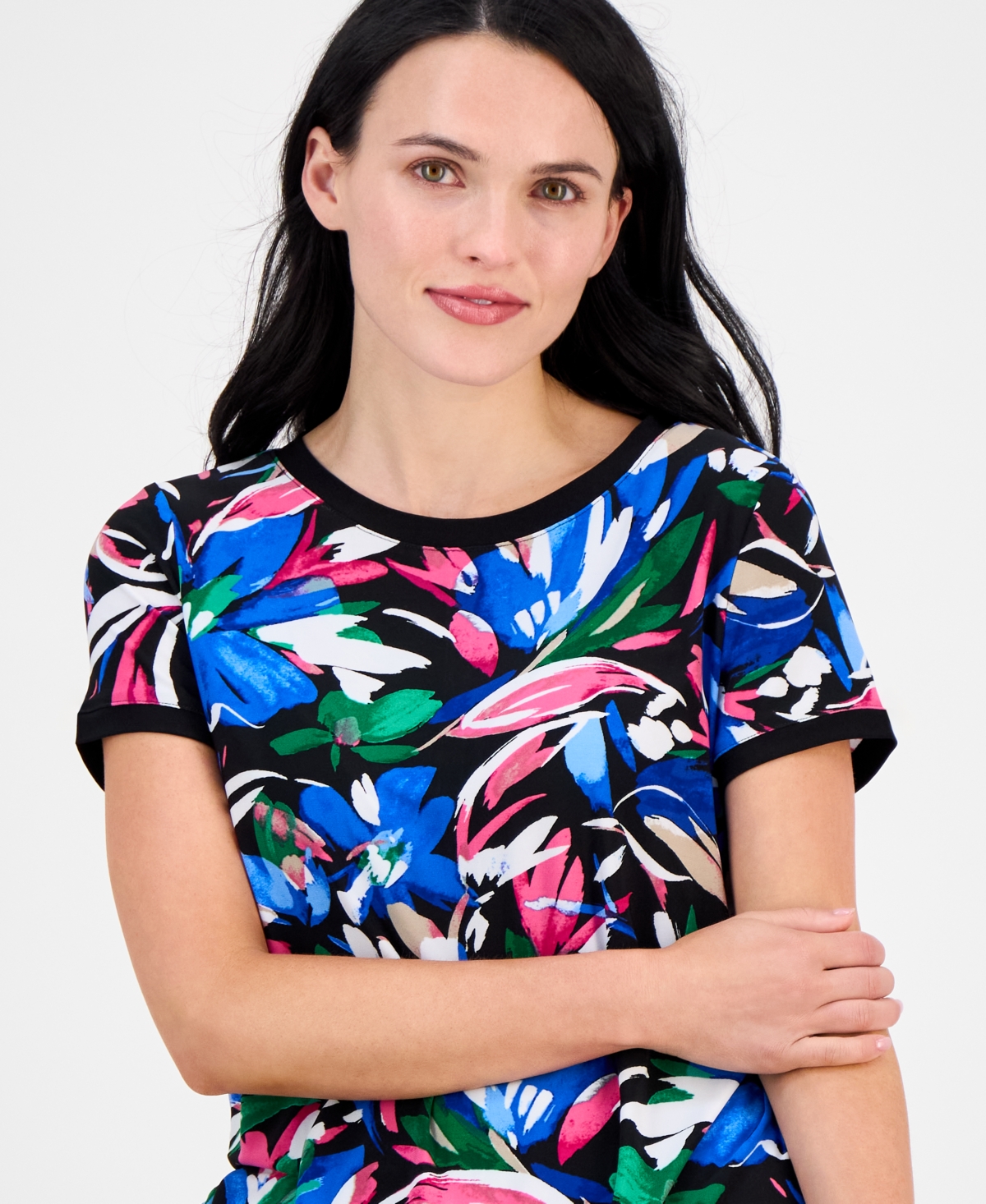 Ak Anne Klein Petite Printed Button-back Short-sleeve Top