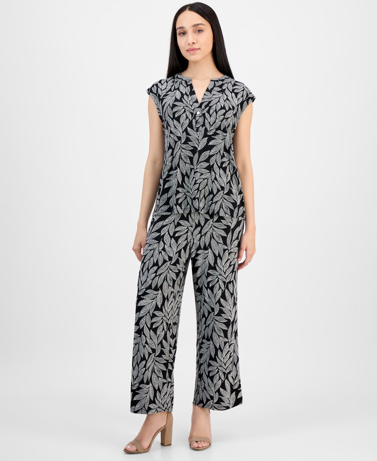 Shop Ak Anne Klein Petite Leaf-print Cap-sleeve V-neck Blouse