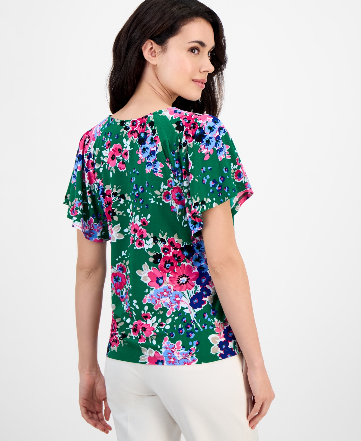 Ak Anne Klein Petite Printed V-neck Flutter-sleeve Top