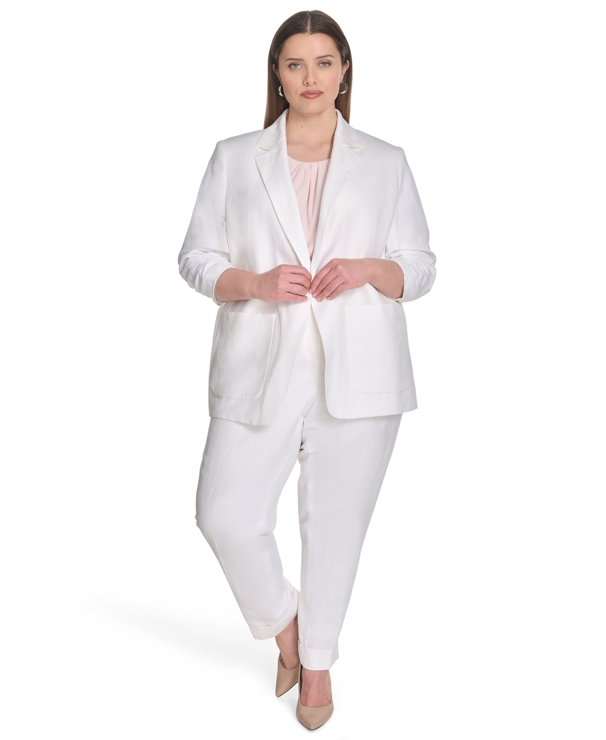 CALVIN KLEIN PLUS SIZE NOTCHED COLLAR RUCHED-SLEEVE BLAZER 