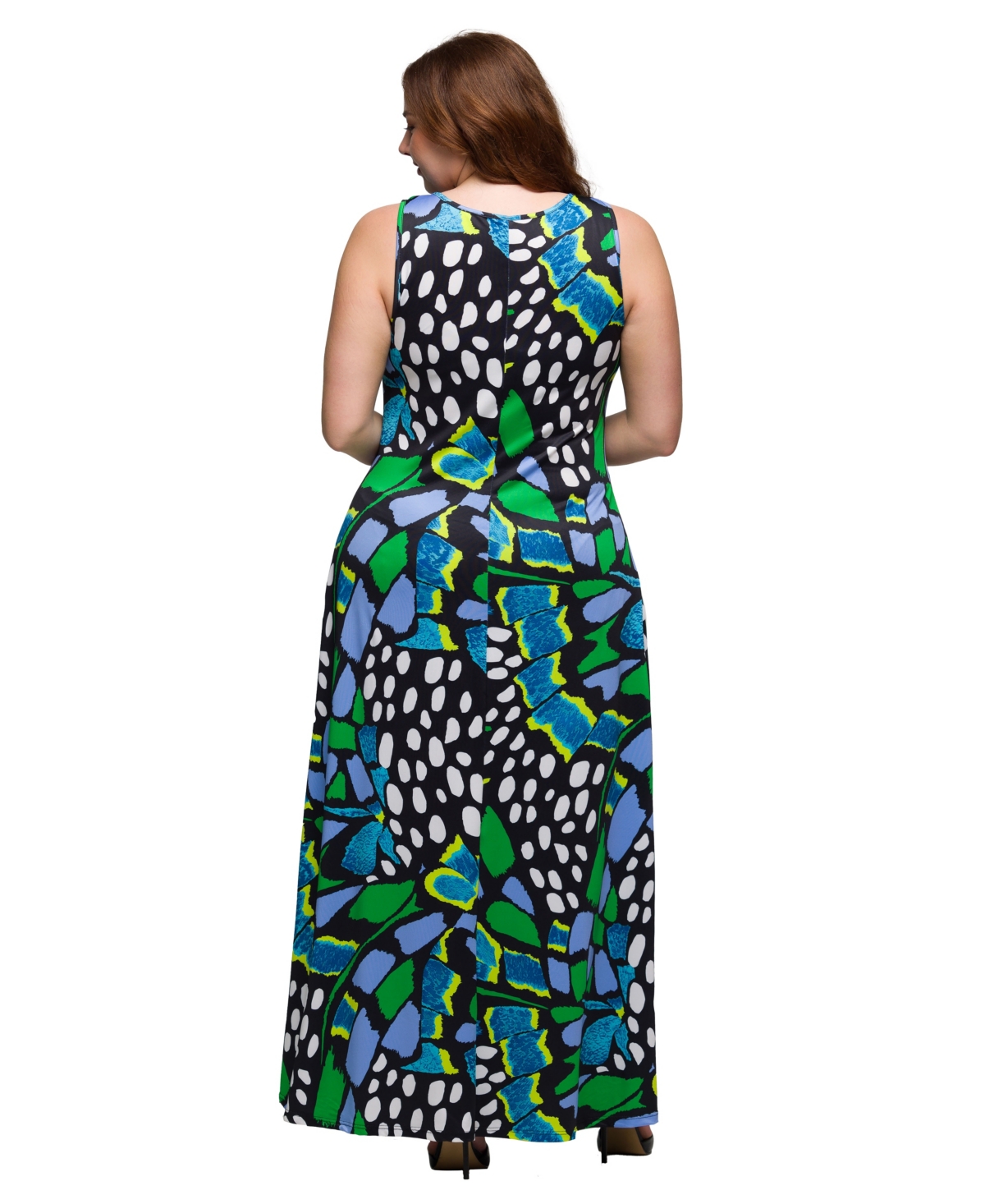 24SEVEN COMFORT APPAREL PLUS SIZE PRINT SCOOP NECK A-LINE SLEEVELESS MAXI DRESS 