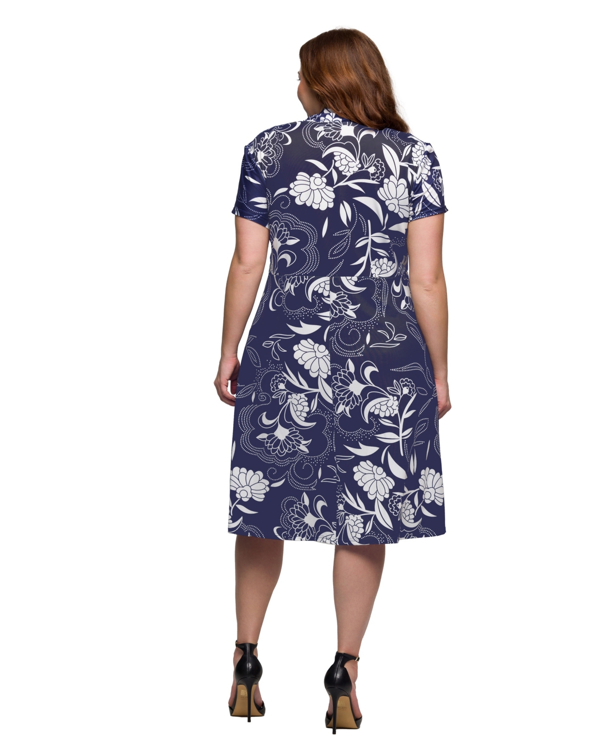 24seven Comfort Apparel Plus Size Print Short Sleeve Knee Length V-neck Wrap Dress In Blue Multi