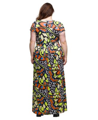 Plus Size Cap Sleeve V-Neck Side Slit Pocket Maxi Dress