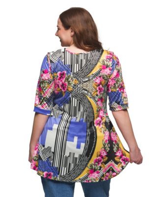 Plus Size Print Elbow Sleeve V-Neck Henley Tunic Top