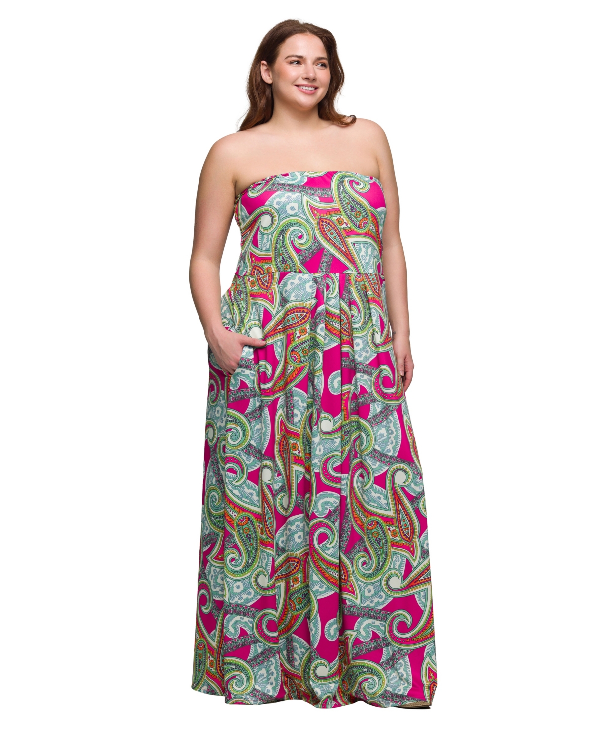 24SEVEN COMFORT APPAREL PLUS SIZE A-LINE STRAPLESS MAXI DRESS WITH POCKETS 