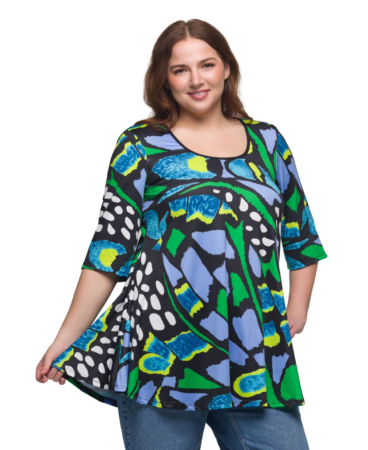 24seven Comfort Apparel Plus Size Print Elbow Sleeve Casual Tunic Top In Green Multi
