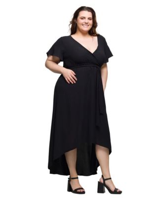Plus Size V-Neck Belted Faux Wrap High Low Dress