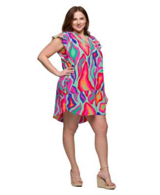 Plus Size Print V-Neck Cap Sleeve Knee Length Pocket Dress