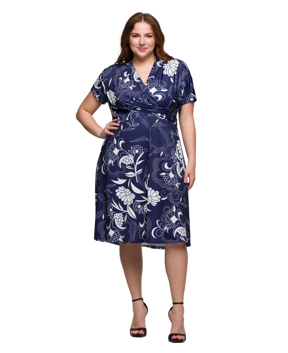24seven Comfort Apparel Plus Size Print Short Sleeve Knee Length V-neck Wrap Dress In Blue Multi
