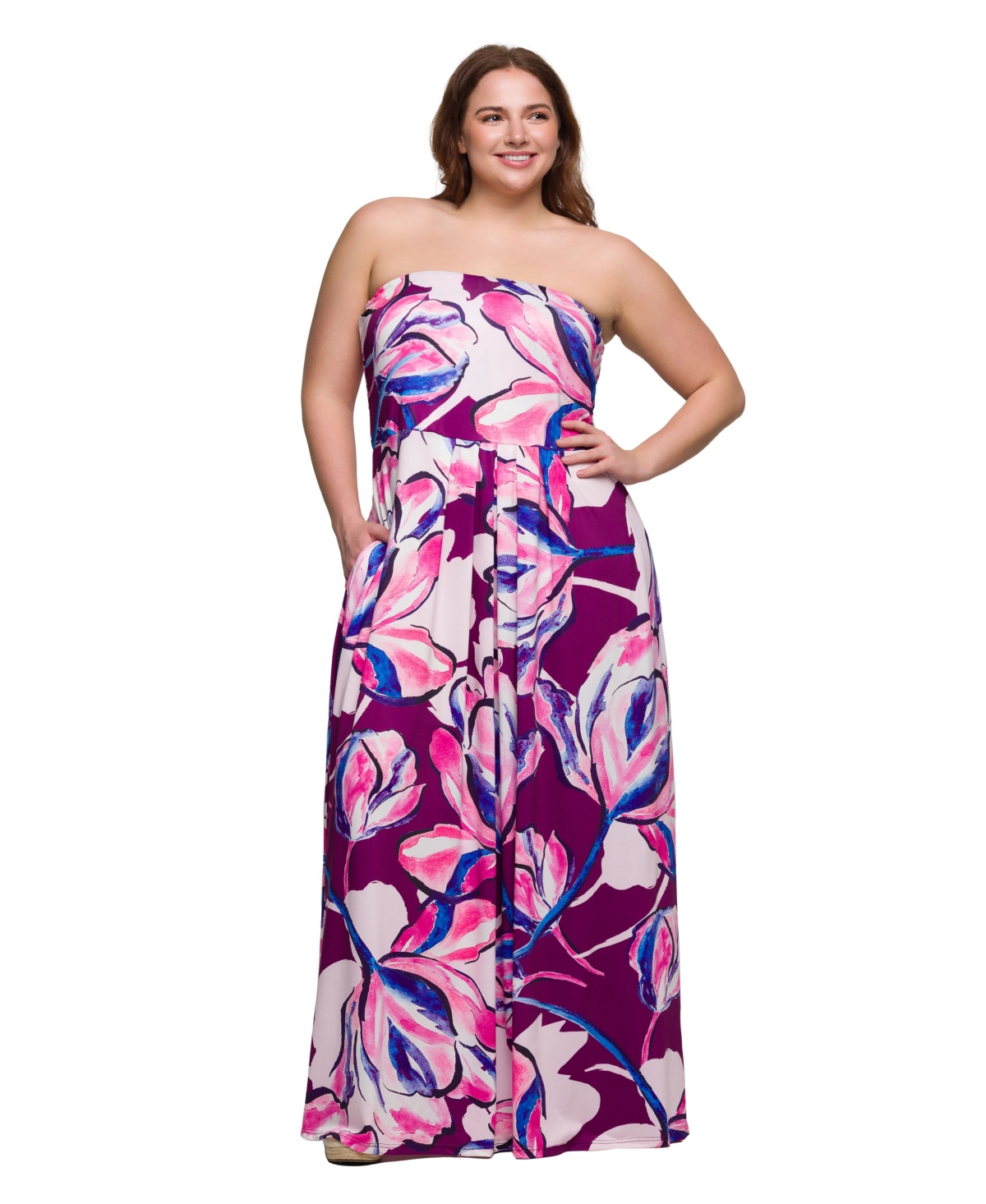 24seven Comfort Apparel Plus Size A-line Strapless Maxi Dress With Pockets In Pulple Multi