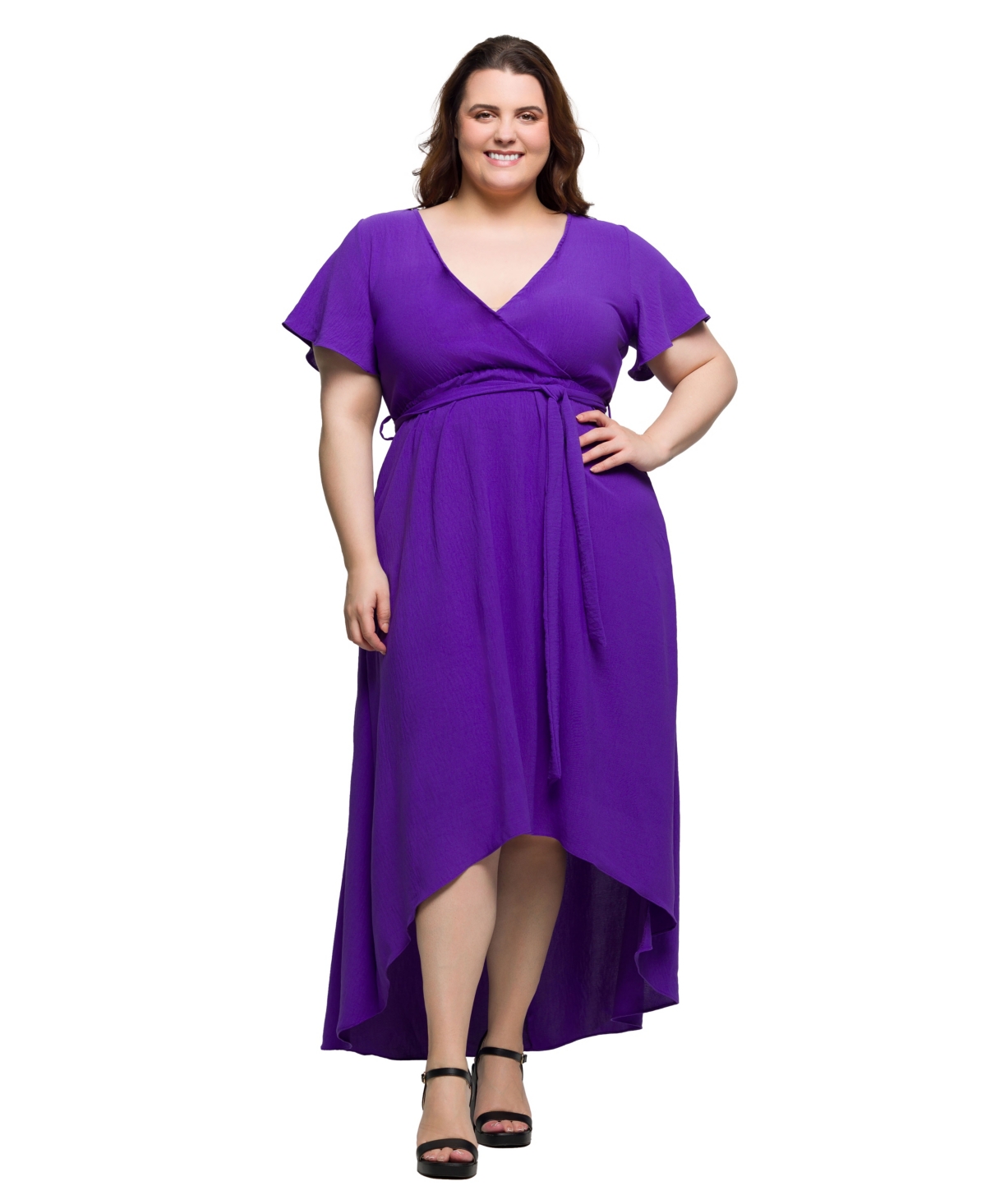 Plus Size V-Neck Belted Faux Wrap High Low Dress - Black