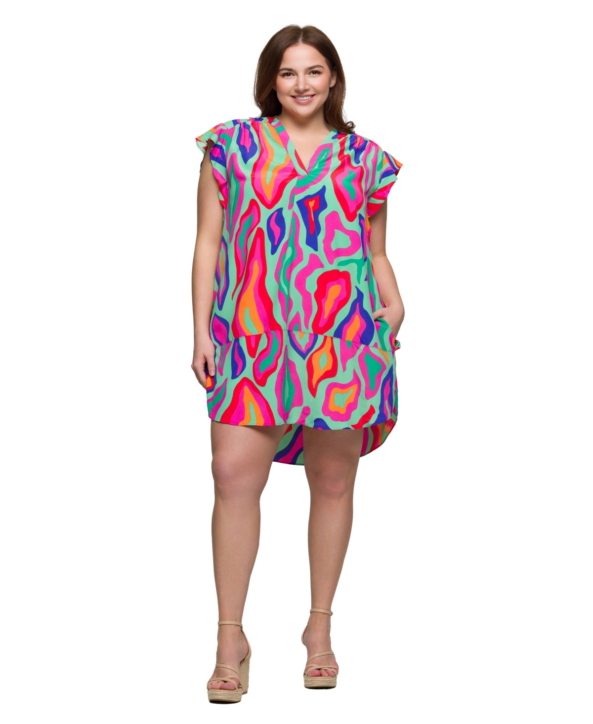 Plus Size Print V-Neck Cap Sleeve Knee Length Pocket Dress - Green Multi