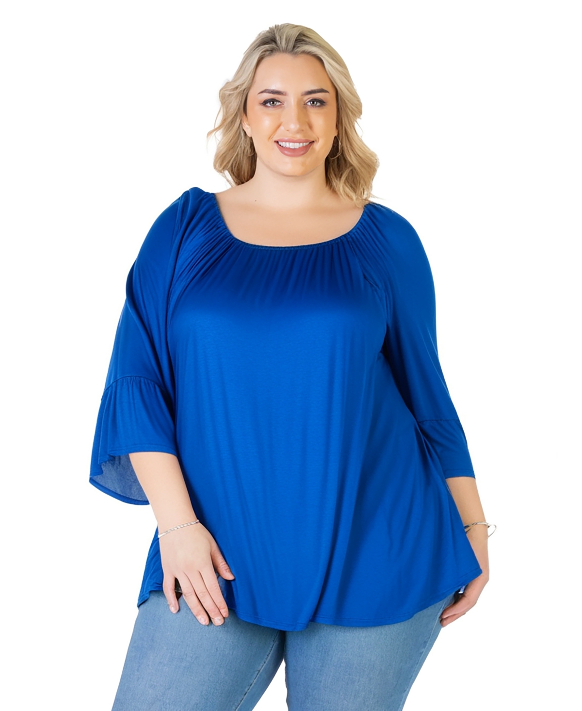 Plus Size Bell Sleeve Loose Fit Tunic Top - Blue