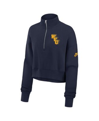 Women's Navy West Virginia Mountaineers Legacy Elevated Logo Cropped Half-Zip Sweatshirt