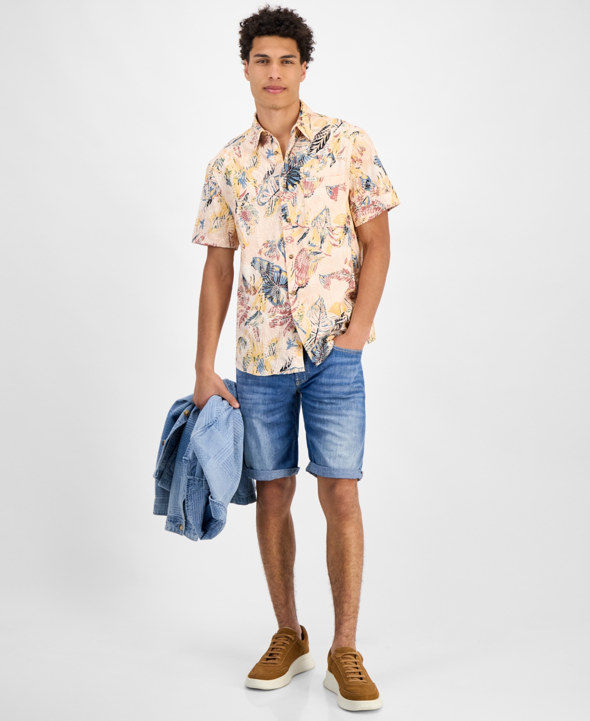 Guess Men's Embro Printed Short-sleeve Button Shirt In Quicksand Tropical Colorful